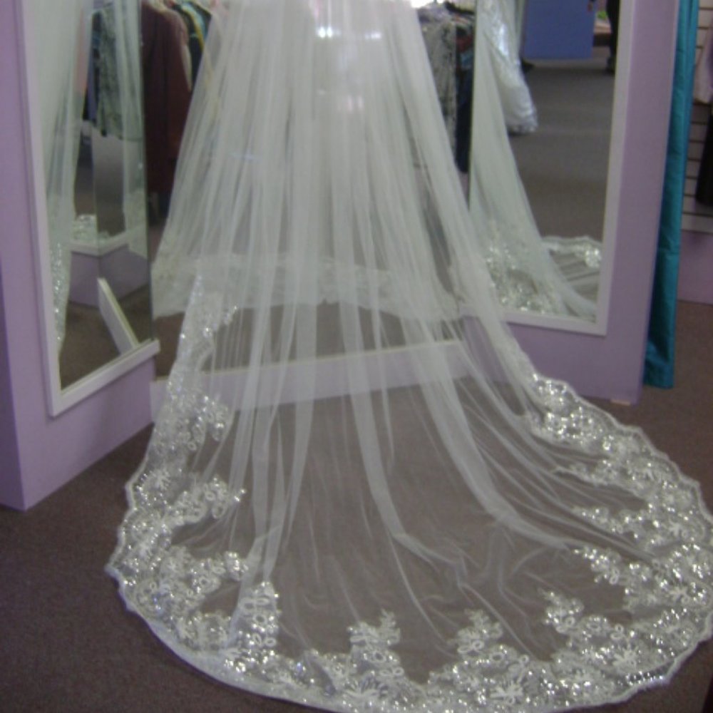 White sheer floral lace silver sequin long Cathedral Veil with scallopped edge